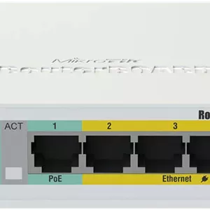 سوئیچ MikroTik RB260GSP، تراشه GCA8337، حافظه فلش 128 کیلوبایتی، 5 پورت اترنت، پورت SFP، سیستم عامل SwOS، سفید | CSS106-1G-4P-1S