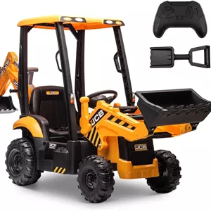 ماشین اسباب بازی لودر بیل مکانیکی برقی JCB 12 ولت برای کودکان، ماشین بازی ساختمانی با باتری با لودر جلو و بیل مکانیکی، کنترل از راه دور، قطعات متحرک، صندلی قابل تنظیم، شروع نرم