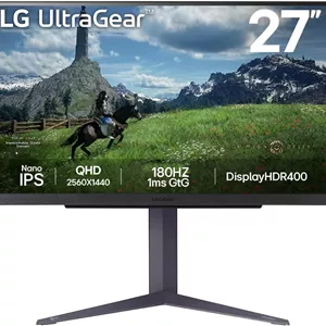 مانیتور گیمینگ ال‌جی Ultragear مدل 27GS85Q، ۲۷ اینچ، QHD، 2560 x 1440، Nano IPS، ۱ میلی‌ثانیه (GtG)، ۱۸۰ هرتز، سازگار با NVIDIA G-SYNC، AMD FreeSync، HDR 400، پایه با قابلیت تنظیم شیب/ارتفاع/چرخش، HDMI، DP، خروجی HP، مشکی