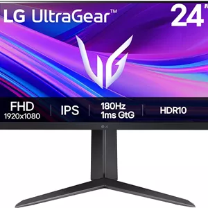 مانیتور گیمینگ ال‌جی Ultragear 24GS65F، ۲۴ اینچ (۶۰.۹۶ سانتی‌متر)، IPS، فول اچ‌دی ۱۹۲۰ در ۱۰۸۰، ۱۸۰ هرتز، مشکی، ۱ میلی‌ثانیه، HDR 10، سازگار با NVIDIA G-Sync، AMD FreeSync، پایه قابل تنظیم ارتفاع/چرخش/شیب، مانیتور گیمینگ بدون حاشیه