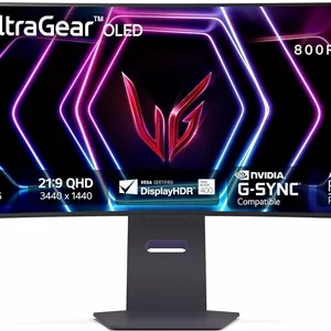 مانیتور گیمینگ خمیده اولد 39 اینچی ال‌جی مدل 39GS95QE Ultragear با رزولوشن WQHD، انحنای 800R، نرخ تازه‌سازی 240 هرتز، زمان پاسخ‌گویی 0.03 میلی‌ثانیه، DisplayHDR True Black 400، AMD FreeSync Premium Pro، NVIDIA G-Sync، HDMI 2.1، DisplayPort، قابلیت تنظیم ارتفاع/شیب/چرخش، رنگ مشکی