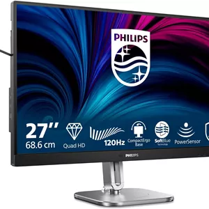 مانیتور 27 اینچی فیلیپس مدل 27B2N4500 با کیفیت QHD، بلندگو، قابلیت تنظیم ارتفاع و Adaptive Sync (2560x1440, 120 هرتز، 2x HDMI 2.0, DisplayPort 1.2, USB Hub) مشکی خاکستری
