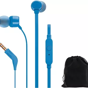 هدفون داخل گوشی JBL Tune T160، صدای Pure Bass، ریموت تک دکمه ای با میکروفون، کابل تخت بدون گره خوردگی، آبی، شامل کیف حمل