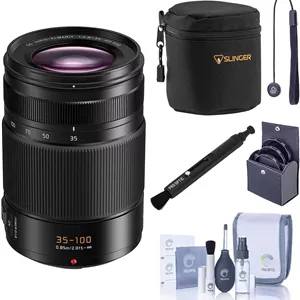 لنز پاناسونیک Leica DG Vario-Elmarit 35-100mm f/2.8، همراه با کیف کوچک لنز، کیت فیلتر 58 میلی‌متری، تمیزکننده لنز، کیت تمیزکننده و بند درب لنز