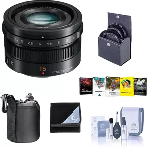 لنز پاناسونیک Lumix G Leica DG Summilux 15mm f/1.7 Asph برای میکرو چهار سوم، مشکی، همراه با کیت فیلتر باور 46 میلی‌متری، کیت فیلتر ProOptic 46 میلی‌متری، کیف لنز، کیت تمیزکننده، روکش لنز، کیت نرم‌افزاری