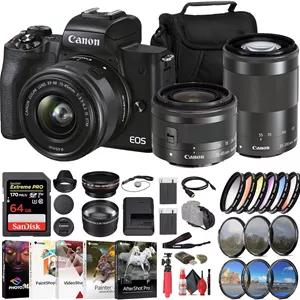دوربین بدون آینه کانن EOS M50 Mark II با لنزهای 15-45 میلی‌متر و 55-200 میلی‌متر (مشکی) (4728C014)کارت حافظه 64 گیگابایتیکیت فیلتر رنگیکیت فیلترشارژرباتری LPE12لنز واید انگلسایر موارد (تجدید شده)