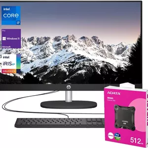 کامپیوتر همه کاره HP Business 27 اینچی با پردازنده نسل سیزدهم i7، صفحه نمایش FHD، رم 32 گیگابایتی، حافظه SSD 1 ترابایتی، دوربین IR، پورت RJ-45، Wi-Fi 6، کیبورد و ماوس سیمی، ویندوز 11 پرو، مشکی، به همراه بسته SSD اکسترنال 512 گیگابایتی Adata