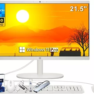 کامپیوتر رومیزی همه کاره HP، صفحه نمایش 21.5 اینچی FHD، پردازنده Intel Celeron J4025، رم 32 گیگابایتی، SSD 1 ترابایتی، لایسنس مادام العمر Microsoft Office Pro و Windows 11 Pro، کیبورد و ماوس سیمی، وب کم، HDMI