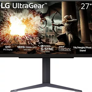مانیتور گیمینگ 27 اینچی LG 27GS75Q-B Ultragear QHD (2560x1440)، نرخ نوسازی 180 هرتز (O/C 200 هرتز)، 1 میلی‌ثانیه، IPS، سازگار با NVIDIA G-SYNC، AMD FreeSync، HDR10، پایه با قابلیت تنظیم شیب/ارتفاع/چرخش، HDMI، DisplayPort، مشکی
