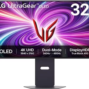 مانیتور گیمینگ 31.5 اینچی 4K OLED دو حالته ال‌جی مدل UltraGear 32GS95UV-B - نرخ نوسازی 240 هرتز (4K) / 480 هرتز (FHD) / زمان پاسخگویی 0.03 میلی‌ثانیه - سازگار با G-SYNC / FreeSync Premium Pro / HDR True Black 400 - DP 1.4 / 2×HDMI 2.1 / USB-A