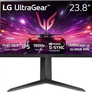 مانیتور گیمینگ 24 اینچی ال‌جی مدل 24GS65F-B UltraGear Full HD (1920 x 1080) IPS، نرخ تازه‌سازی 180 هرتز، زمان پاسخگویی 1 میلی‌ثانیه، سازگار با NVIDIA G-Sync، AMD FreeSync، HDR10، دارای HDMI، DisplayPort، پایه قابل تنظیم شیب/ارتفاع/چرخش، رنگ مشکی