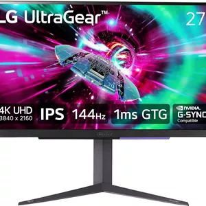 مانیتور گیمینگ 27 اینچی LG UltraGear 4K UHD (3840x2160)، 144 هرتز، 1 میلی‌ثانیه، VESA DisplayHDR 400، G-SYNC و AMD FreeSync Premium، HDMI 2.1، DisplayPort، خروجی HP 4 قطبی DTS HP:X، پایه با قابلیت تنظیم شیب/ارتفاع/چرخش، مشکی