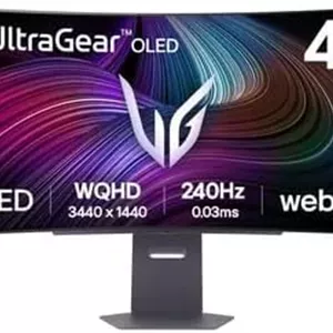 مانیتور گیمینگ خمیده 45 اینچی LG UltraGear™ 45GX90SA-B - پنل OLED WQHD (3440x1440)، زمان پاسخگویی 0.03 میلی‌ثانیه GtG 240 هرتز، DisplayHDR™ TrueBlack 400، پوشش 98.5% DCI-P3 (CIE1976)، AMD FreeSync Premium، NVIDIA G-Sync