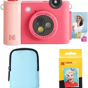 بسته آغازین دوربین چاپ فوری دیجیتال و پرینتر عکس بلوتوث بی‌سیم KODAK Smile  2-in-1 به همراه کیف لوکسکاغذ عکس چسبی Zink 20 عددی - 10 مگاپیکسل، لنز چرخان با جلوه‌های ویژه - سرخابی