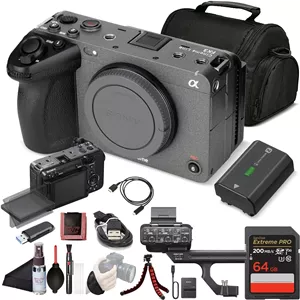دوربین فیلمبرداری فول فریم بدون آینه سینمایی سونی FX3 (ILME-FX3) - سنسور 12.1 مگاپیکسلی Exmor R BSI | 4K تا 120 فریم در ثانیه با دامنه دینامیکی 15  استاپ به همراه کارت حافظه 64 گیگابایتی، کیف، سه پایه انعطاف پذیر، نگهدارنده درب لنز و موارد دیگر