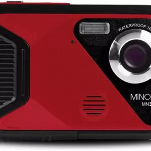 دوربین دیجیتال ضد آب مینولتا – عکس‌های 21 مگاپیکسلی، ویدئو HD 1080p، LCD 2.8 اینچی، ضد آب تا عمق 16 فوت، زوم دیجیتال 4X، ضد لرزش، تشخیص چهره، ثبت لبخند، حالت‌های صحنه، کارت 16 گیگابایتی (قرمز)