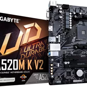 مادربرد گیگابایت A520M K V2 1.0 MB، خانواده پردازنده AMD، سوکت پردازنده AM4، اسلات حافظه DDR4 DIMM، اسلات حافظه 2، رابط های هارد دیسک پشتیبانی شده SATA M.2، تعداد کانکتورهای SATA