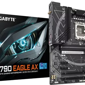 مادربرد GIGABYTE Z790 Eagle AX LGA 1700 Intel Z790 ATX با DDR5، M.2، PCIe 5.0، USB 3.2 Gen2X2 Type-C، Intel Wi-Fi 6E، 2.5GbE LAN، Q-Flash Plus، EZ-Latch