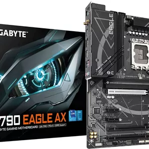 مادربرد گیگابایت Z790 EAGLE AX - پشتیبانی از پردازنده های نسل 14 اینتل Core، طراحی VRM دیجیتال 1 12 فاز، پشتیبانی از رم DDR5 تا 7600 مگاهرتز (OC)، دارای 3 اسلات PCIe 4.0 M.2، Wi-Fi 6E، شبکه 2.5GbE LAN، USB 3.2 Gen 2