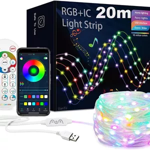 ریسه ال ای دی USB 5V RGBIC UanTii با کنترل اپلیکیشن بلوتوث، موزیکال و رنگی، مناسب جشن تولد و دکوراسیون منزل (20 متر)