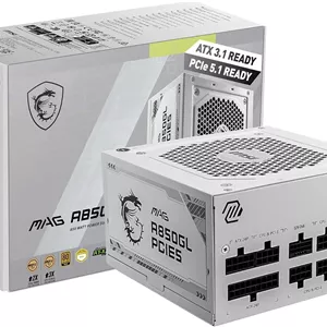 منبع تغذیه گیمینگ ام اس آی MAG 850GL PCIE 5، سفید، کاملاً ماژولار، دارای گواهینامه 80 Plus Gold، توان 850 وات، سایز کامپکت، ATX PSU