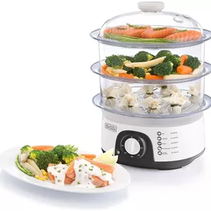 بخارپز غذا بلک اند دکر، 775 وات، 10 لیتر، طراحی جداشدنی 3 طبقه، کنترل تایمر، آماده سازی سریع و آسان غذا، قابل شستشو در ماشین ظرفشویی، سبک وزن 1.98 کیلوگرم، 220-240 ولت، کارآمد و جمع و جور، سفید - HS6000-B5