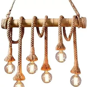 لوستر طنابی کنفی بامبو AFN LIGHTINGS - چراغ آویز سقفی صنعتی 6 شاخه، آویز جدید کنفی و بامبو