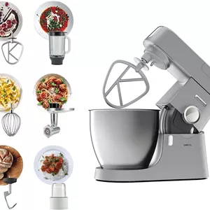 میکسر ایستاده کنوود مدل CHEF XL KVL4230S با بدنه فلزی، موتور 1200 وات، کاسه استیل 6.7 لیتری، سری K-Beater، همزن، خمیرزن، مخلوط کن شیشه ای، چرخ گوشت و آسیاب چند منظوره - نقره ای