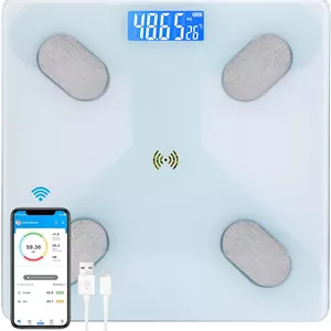 ترازو دیجیتال SKY-TOUCH، ترازو چربی بدن بلوتوثی، نمایشگر LED و روشن شدن با قدم گذاشتن، آنالیزور سلامت و ترکیب بدن، با شارژ USB، 26x260x2 سانتی متر، سفید
