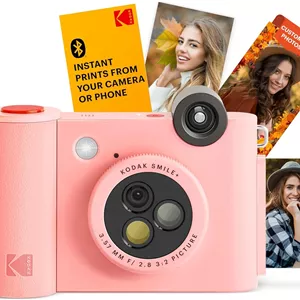 دوربین چاپ فوری دیجیتال و پرینتر عکس بلوتوث بی سیم 2 در 1 KODAK Smile  - 10 مگاپیکسل، لنز چرخشی با جلوه ویژه، عکس های چسبنده 2x3 اینچی Zink، چاپ از طریق برنامه سرگرم کننده از دستگاه های هوشمند - صورتی