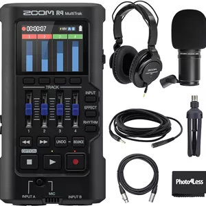 دستگاه ضبط صدا زوم R4 MultiTrak با قابلیت ضبط 32 بیتی شناور به همراه باندل میکروفون دینامیک پادکست Zoom ZDM-1، هدفون ZHP-1، سه پایه TPS-4، بادگیر و کابل XLR