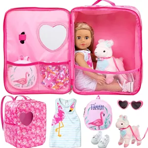 کیف حمل عروسک دخترانه 18 اینچی Ecore Fun به همراه لباس و لوازم جانبی، شامل لباس، کفش پارچه ای سفید، کوله پشتی عروسک، عینک آفتابی، بره اسباب بازی