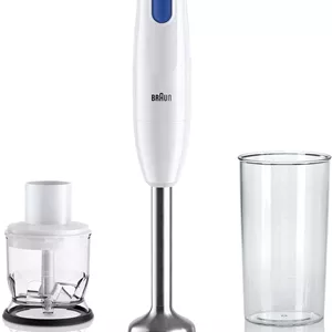 مخلوط کن دستی تک سرعته 450 وات براون مدل MultiQuick 1 MQ 10.201 M WH با خردکن 350 میلی لیتری، بدنه فلزی، سبک وزن، فاقد BPA و قابل شستشو در ماشین ظرفشویی - سفید