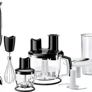 مخلوط کن دستی براون Multiquick 5، 1000 وات، 21 سرعت، پردازنده غذایی 1.5 لیتری، خردکن 500 میلی لیتری، همزن، لیوان، کنترل پاشش، فناوری PowerBell Plus، MQ 5285 - مشکی
