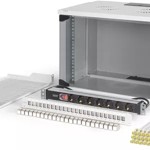 کیت شبکه 19 اینچی DIGITUS - رک شبکه 7 یونیت - قفسه 1 یونیت - پچ پنل 24 پورت - 24 ماژول کیستون - 30 کابل پچ - پاور استریپ - مونتاژ نشده - سری SOHO PRO - خاکستری