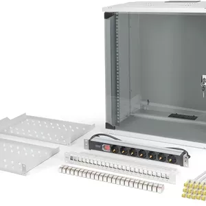 کیت شبکه 19 اینچی DIGITUS - رک شبکه 12 یونیت - 2 قفسه 1 یونیت - پچ پنل 24 پورت - 24 ماژول کیستون - 30 کابل پچ - پاور استریپ - مونتاژ نشده - سری SOHO PRO - خاکستری