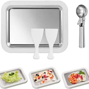 دستگاه بستنی ساز خانگی کوچک XSQD، سینی ماست یخ زده استیل، ابزار ساخت دسر خانگی (همراه با 2 کاردک و 1 اسکوپ بستنی)