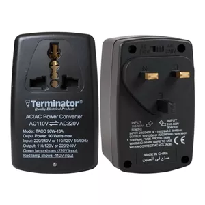مبدل ولتاژ افزاینده/کاهنده ترمیناتور TACC 90W 13A - ترانسفورماتور 110V⇌220V، دوشاخه نوع G بریتانیا، سوکت جهانی، نشانگر LED قدرت، فیوز حرارتی، انتخابگر ولتاژ دستی - دستگاه کم وات قابل حمل