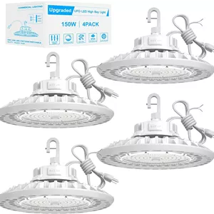 چراغ سوله ای ال ای دی 150 وات JC-LGL مدل UFO، بسته 4 عددی، چراغ سوله ای ال ای دی 22500 لومن، 0-10 ولت دیمر پذیر، چراغ کارگاهی ال ای دی سوله ای، کابل 5 اینچی با دوشاخه آمریکایی، قلاب آویز، طناب ایمنی، دارای گواهی ETL برای انبار کارگاه سوله