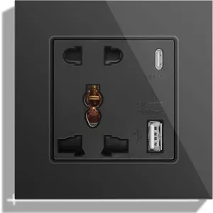 پریز دیواری یونیورسال تک BSEED با 5 پین، دارای USB C و USB A - تک خانه مشکی، پریز دیواری چند منظوره، پریز برق با پنل شیشه ای قابل استفاده برای بیش از 180 نوع دوشاخه (بدون کلید)