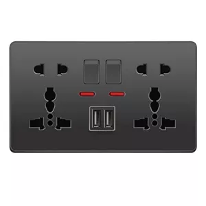 پریز دیواری Tujafon، پریز دیواری با رابط USB، پنل پریز برق آداپتور شارژر برای استفاده در خانه و محل کار (مشکی، دو سوراخ)