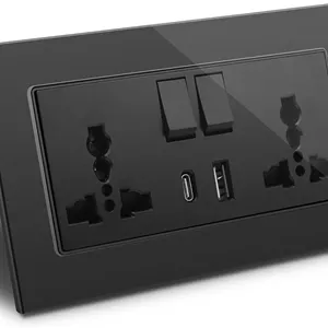 پریز دیواری دو قلو BSEED با USB C و USB A - 2 پل مشکی، پریز دیواری چند منظوره، پریز برق با پنل شیشه ای قابل استفاده برای بیش از 180 نوع دوشاخه