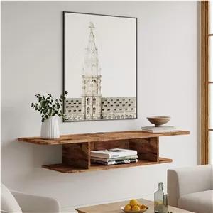 پایه تلویزیون شناور دیواری FITUEYES، قفسه سرگرمی شناور 2 طبقه زیر تلویزیون برای اتاق نشیمن، قهوه ای