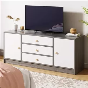 میز تلویزیون ساده MUMOO BEAR، استند تلویزیون 55 اینچی با کشو، درب و قفسه باز، میز کنسول تلویزیون چوبی، واحد میز تلویزیون مدرن با فضای ذخیره سازی برای اتاق نشیمن، اتاق خواب خاکستری با سفید (DSG018-140)