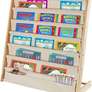 قفسه کتاب کودک Fohome، قفسه کتاب چوبی کودک 7 طبقه، قفسه کتاب پارچه ای بژ طبیعی برای اتاق خواب، اتاق بازی، اتاق کودک، مهد کودک، اسباب بازی های کلاس درس (چوب خالص)