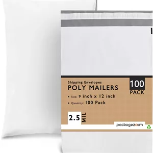 پاکت پستی پلی اتیلن PackageZoom سایز 9x12 بسته 100 عددی، پاکت های پستی خود چسب دار برای کسب و کارها، کیسه های پستی با چسب قوی، کیسه های پستی محافظ مقاوم در برابر پارگی و آب، خاکستری روشن