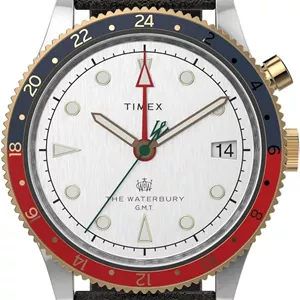ساعت مچی کوارتز مردانه تایمکس Waterbury Traditional GMT 39mm مدل TW2U99100VQ، مشکی/قرمز/آبی/سفید، سایز One Size، ساعت مچی بند چرمی 39 میلی متری Waterbury Traditional GMT