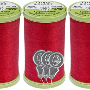 نخ لحاف دوزی دستی Coats & Clark از Bella's Crafts - پلی استر روکش شده با پنبه - 325 یارد - بسته 3 عددی S960 به همراه 3 عدد سوزن نخ کن (قرمز) 