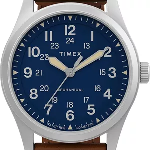 ساعت مچی مردانه آنالوگ TIMEX Expedition Field Post Mechanical Handwind با صفحه گرد آبی و بند چرمی قهوه ای مقاوم در برابر آب - TW2V00700X6