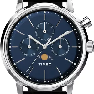 ساعت مچی آنالوگ مردانه TIMEX Marlin با صفحه گرد آبی و بند چرمی مشکی مقاوم در برابر آب - TW2W51200UJ